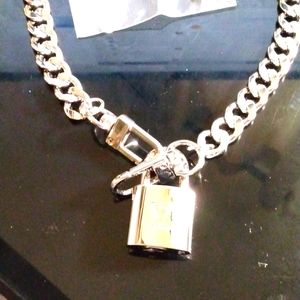 New Louis Vuitton Silver-Toned Lock on 16" Curb Chain Choker Necklace